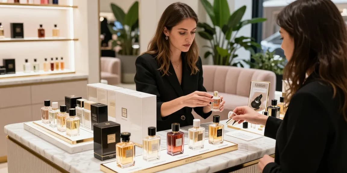 Designer fragrances UK on display in a luxury boutique featuring elegant perfumes and a beauty consultant.