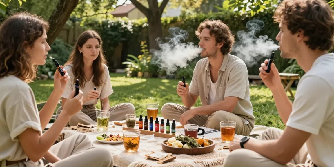 THC vape UK gathering in serene garden with friends enjoying quality products, showcasing natural wellness.