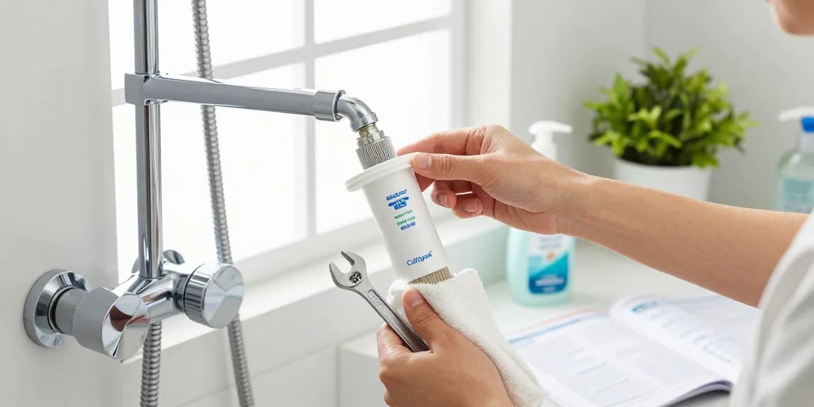 AQUA CREST WHR-140 Shower Filter Replacement Cartridge installation in a modern bathroom highlighting personal care and water quality.