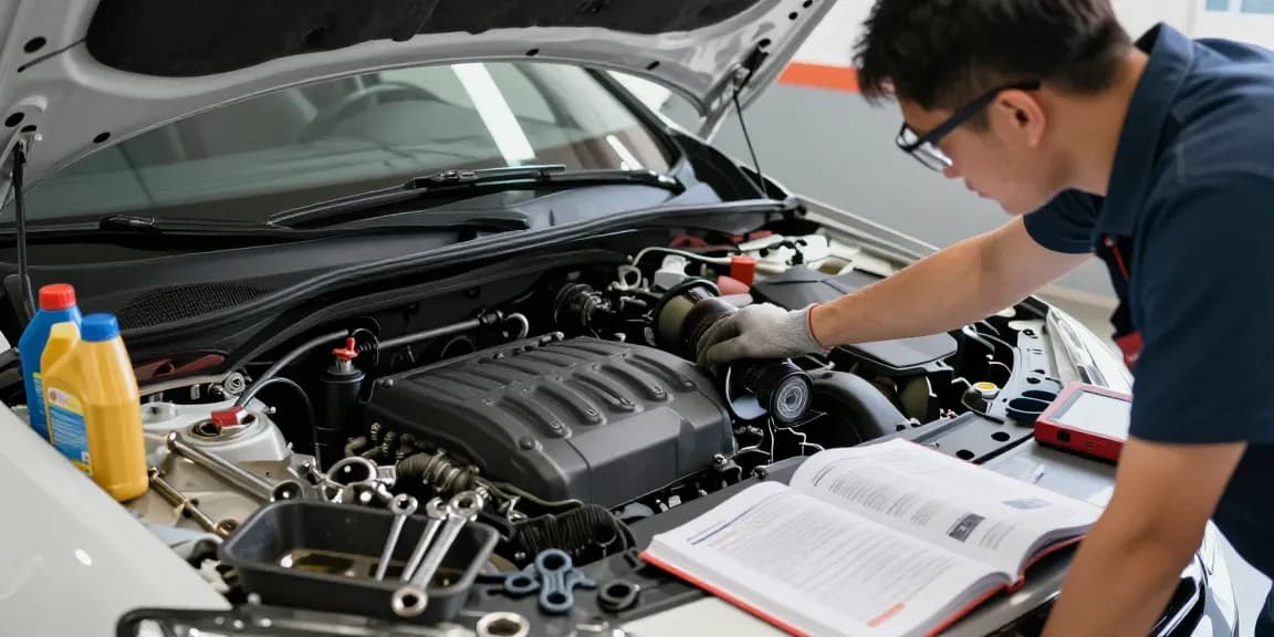 Mechanic diagnosing why the auto consuma troppo with tools in a garage.