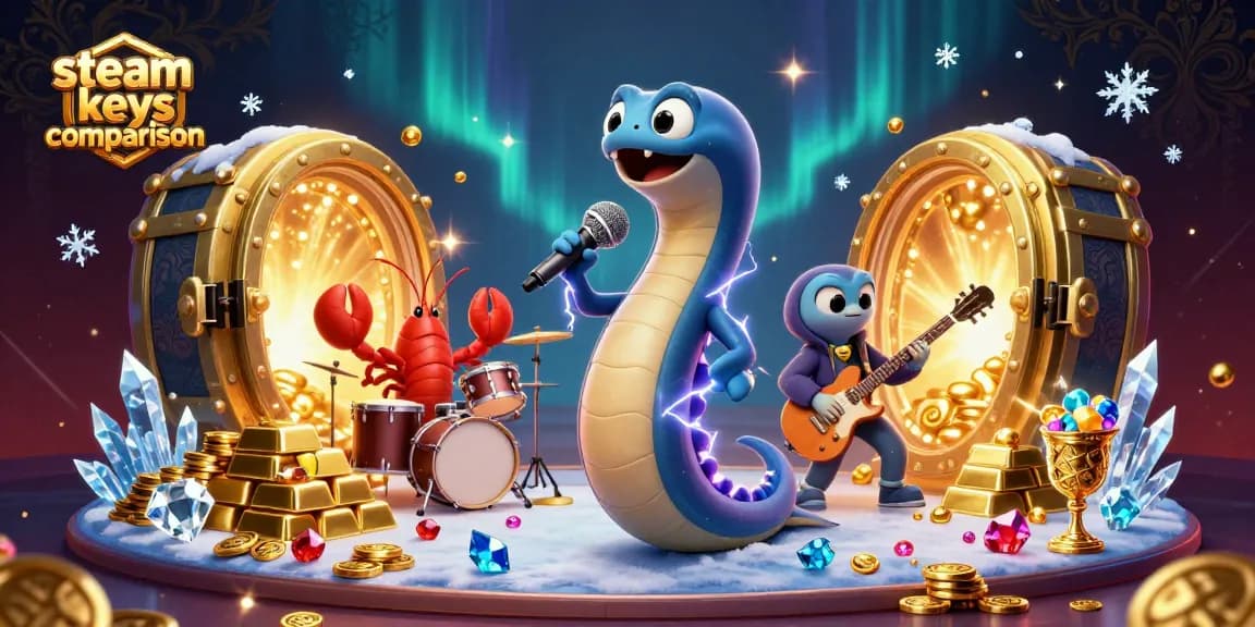 Experience steam keys comparison in an energetic underwater casino illustration featuring playful characters.