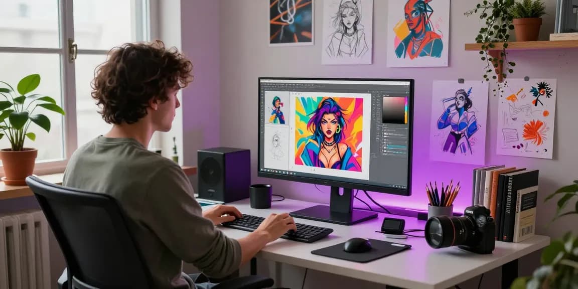 Creating AI-generated art featuring ai slut character in a vibrant digital studio.