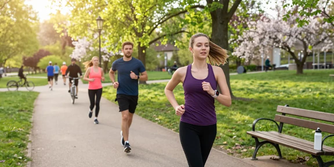 Jogger tracking health metrics with a health tracker in a sunny park.