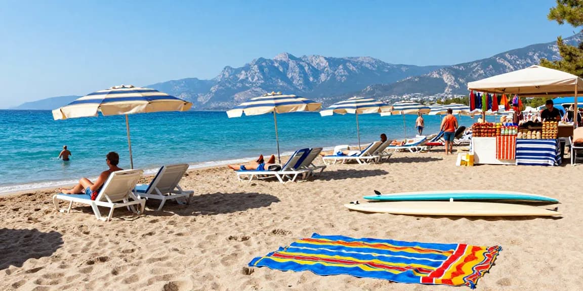 Antalya weather in July, traveler enjoying sunny beach day at Konyaalti Beach, crystal clear waters and vibrant summer atmosphere