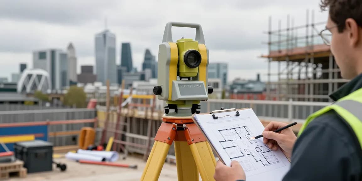 Measured building surveys uk with professional surveyor using equipment at construction site.