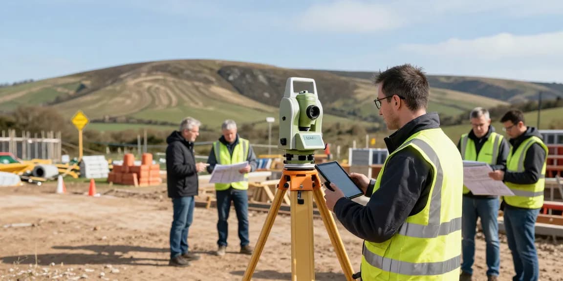 Land surveyors UK conducting a topographical survey with advanced equipment on site, ensuring precision in land mapping.