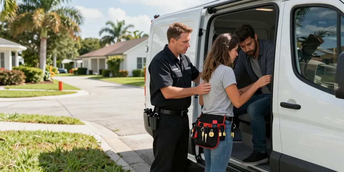 Locksmith near Fort Lauderdale helping a homeowner with lockout service in a suburban neighborhood.