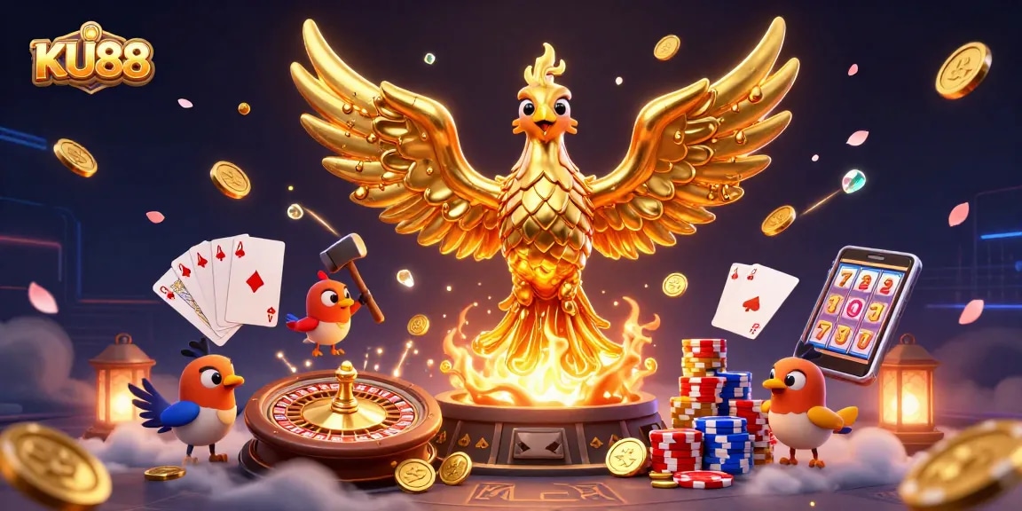 Spin the wheel and win at KU88 with a mesmerizing 3D illustration of a golden phoenix and casino elements.