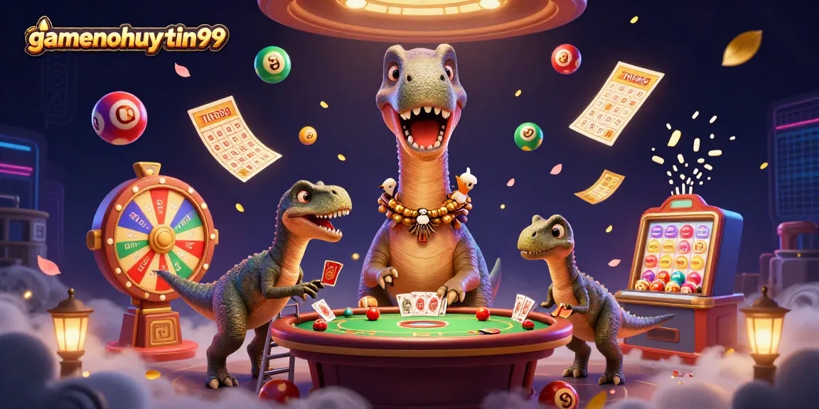 Experience the exciting atmosphere of gamenohuuytin99 as the brontosaurus looks down at a lively gambling scene.