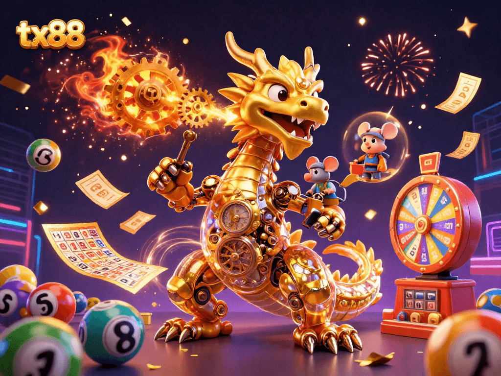 Engage with tx88: A vibrant 3D illustration showcasing a biomechanical dragon and lottery elements.
