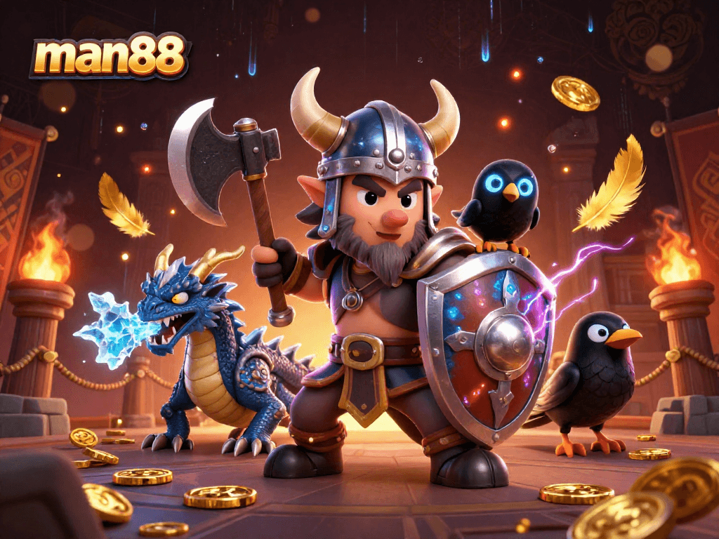 Engage with man88's thrilling gaming action featuring a Viking warrior and a fierce dragon.