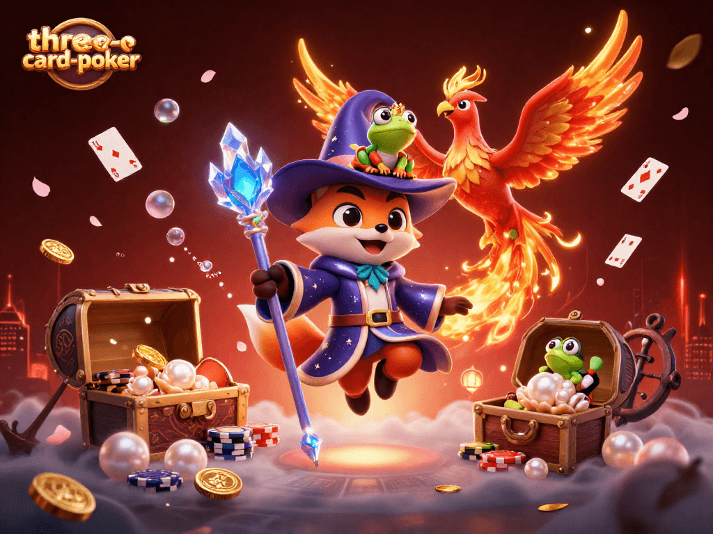 Experience the excitement of three-card-poker with vibrant casino elements and animated characters.