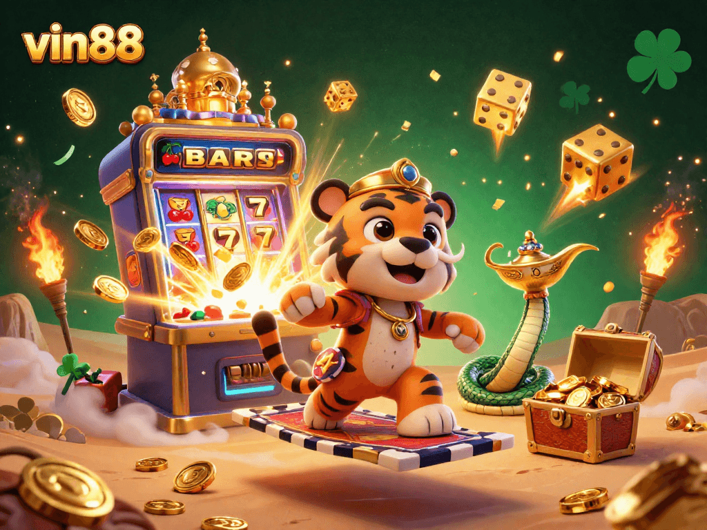 Spin to win with vin88 at the slot machine jackpot surrounded by luck and magic!