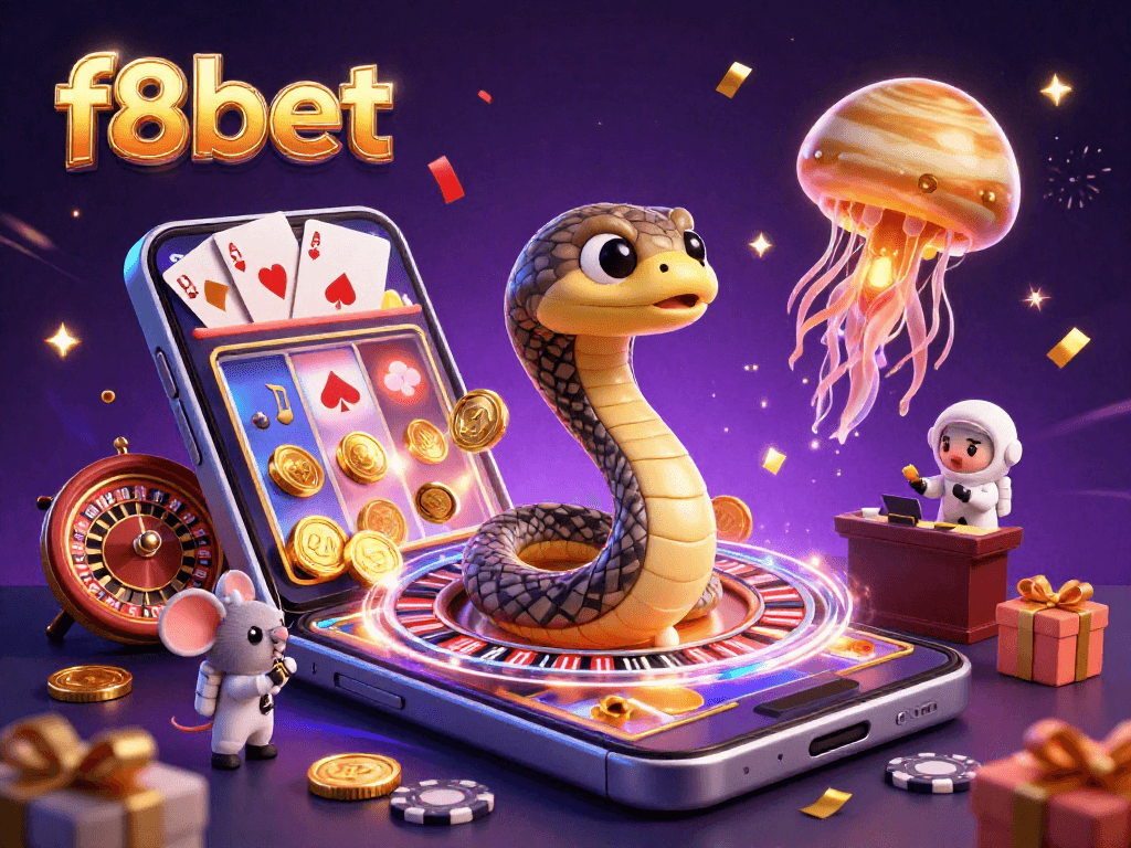 Experience the excitement of f8bet with a vibrant cosmic casino scene including astronaut mice betting on a roulette wheel and winning big!
