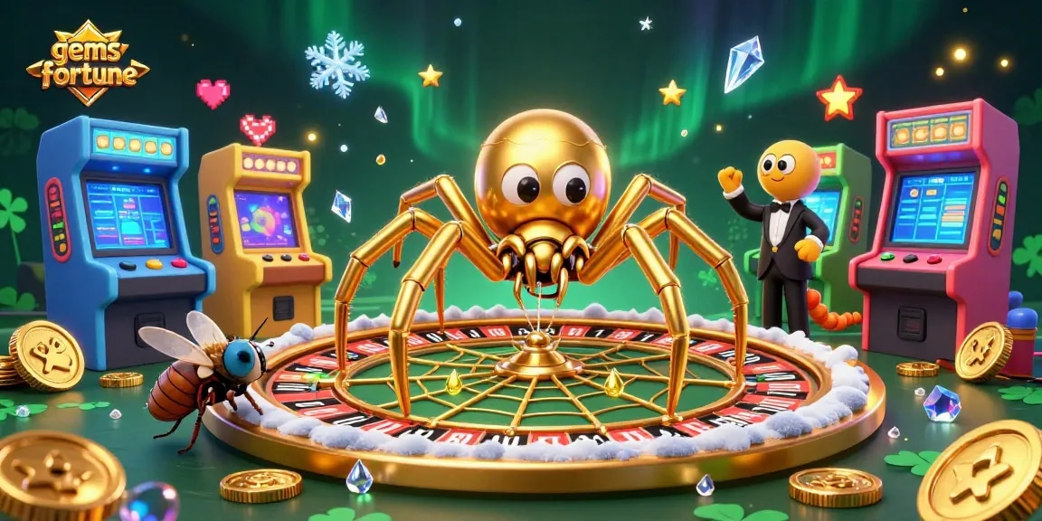 Experience gems-fortune in this vibrant 3D casino scene with thematic game elements and lively characters.