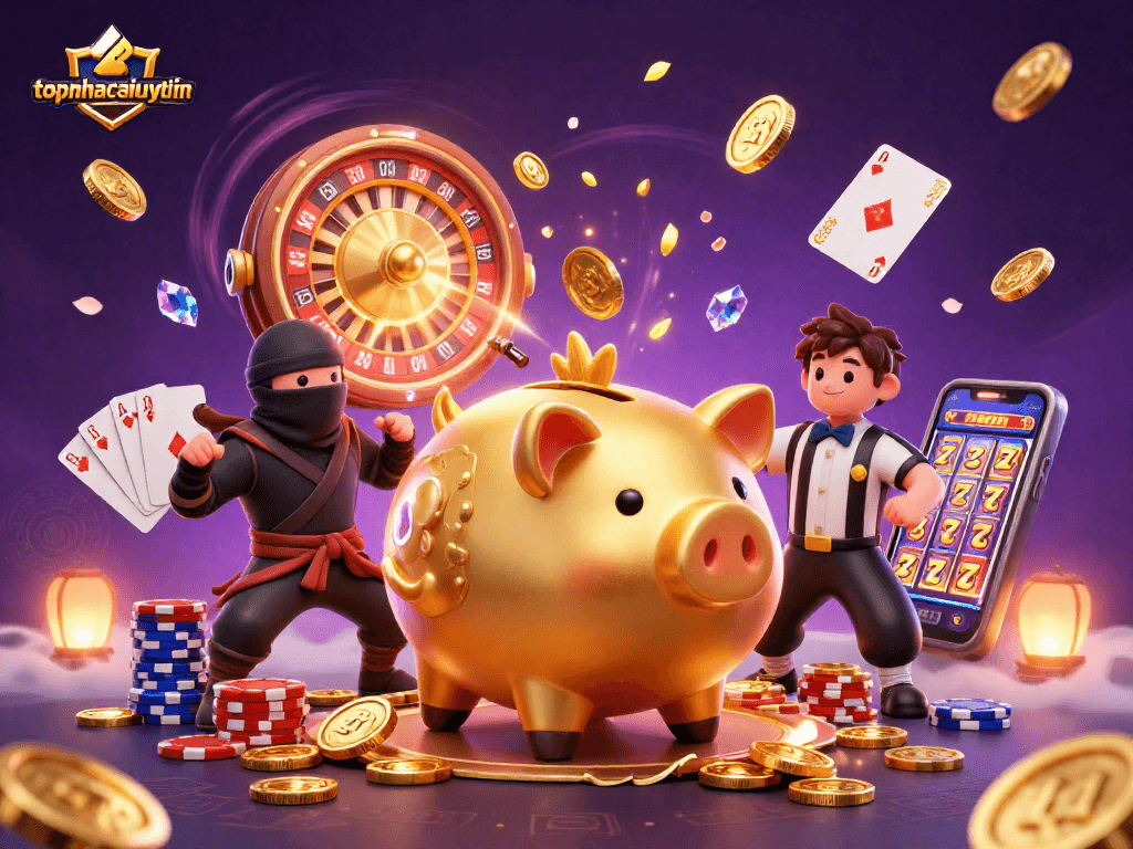 Engage in thrilling gameplay at topnhacaiuytinn with a dynamic scene of animated casino characters.