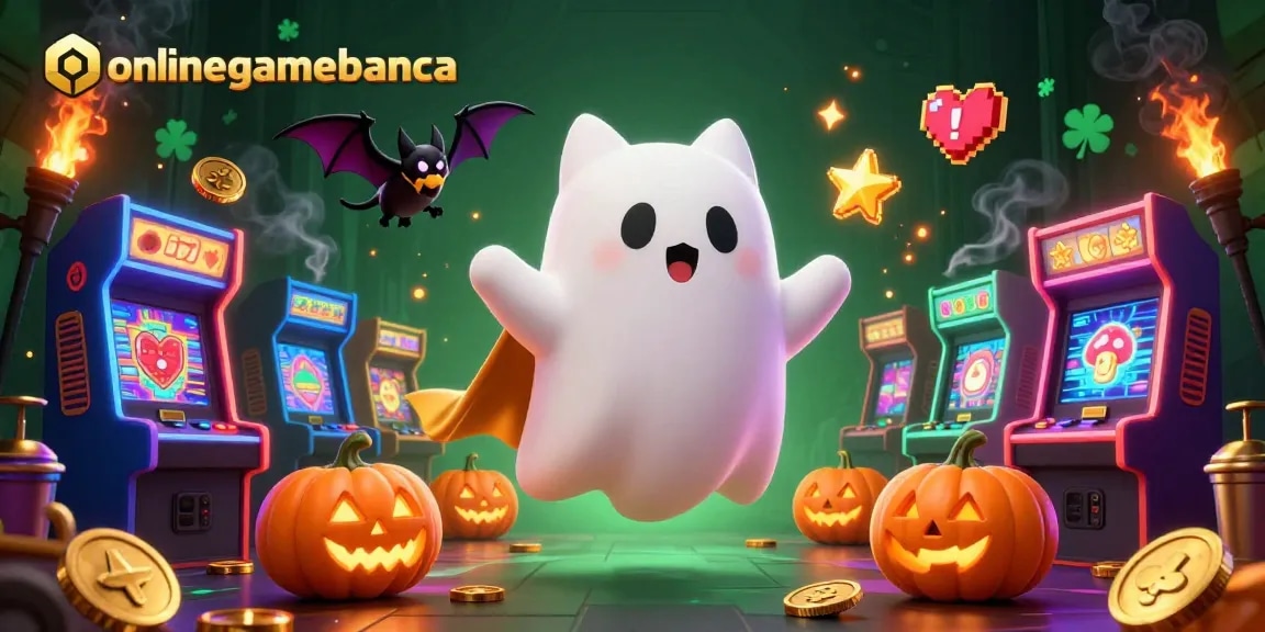 Engage with onlinegamebanca featuring a ghost cat and vampire bat in a vibrant casino illustration.