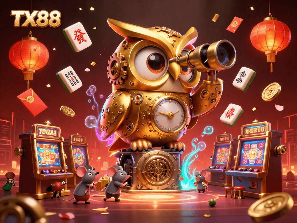 TX88 engages players with a vibrant casino scene featuring a golden owl and mouse patrons.