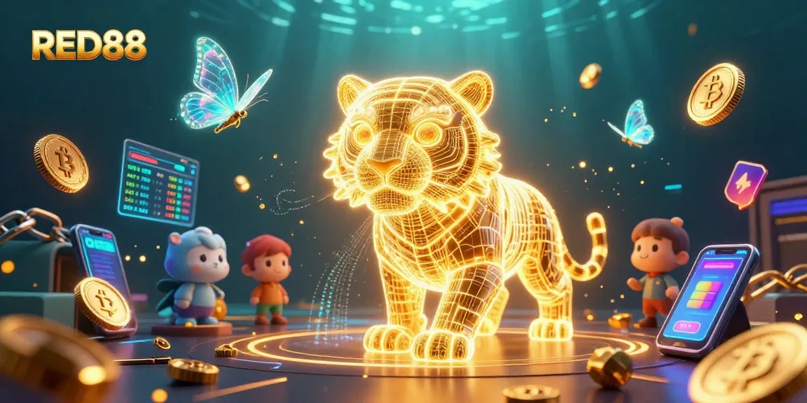 Experience the thrilling world of RED88, where a golden tiger interacts with cryptocurrency and casino elements.