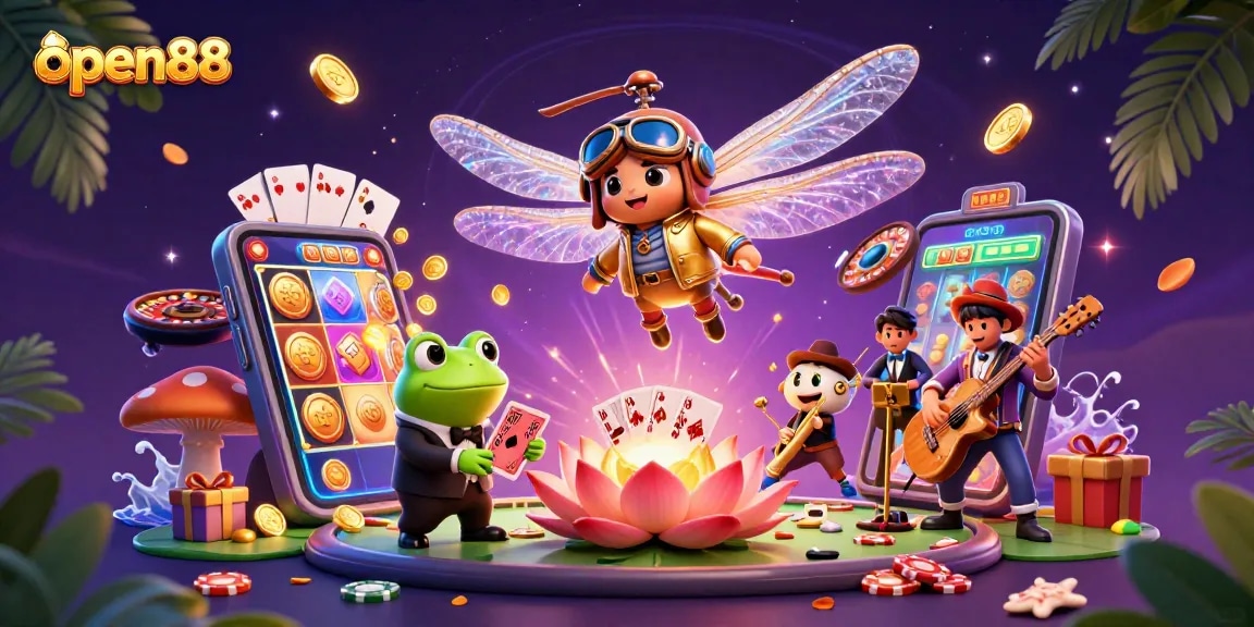 Experience the thrill of open88's vibrant casino games with a dynamic dragonfly pilot and frog croupier!