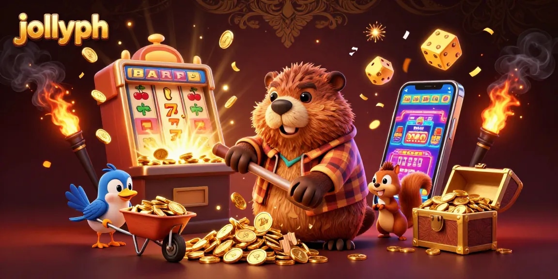 Experience thrilling gaming at jollyph with an energetic cartoon casino scene filled with gold coins and rewards.