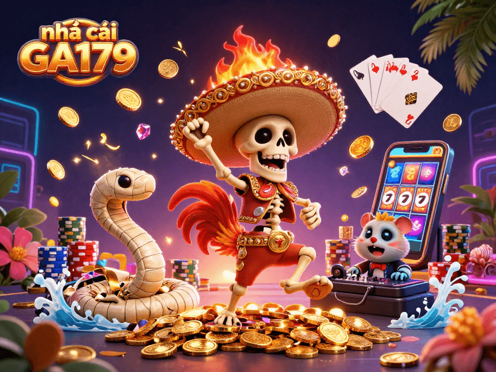 Experience excitement with nhà cái GA179 featuring a mariachi rooster celebrating amidst gold coins, roulette, and vibrant casino elements.