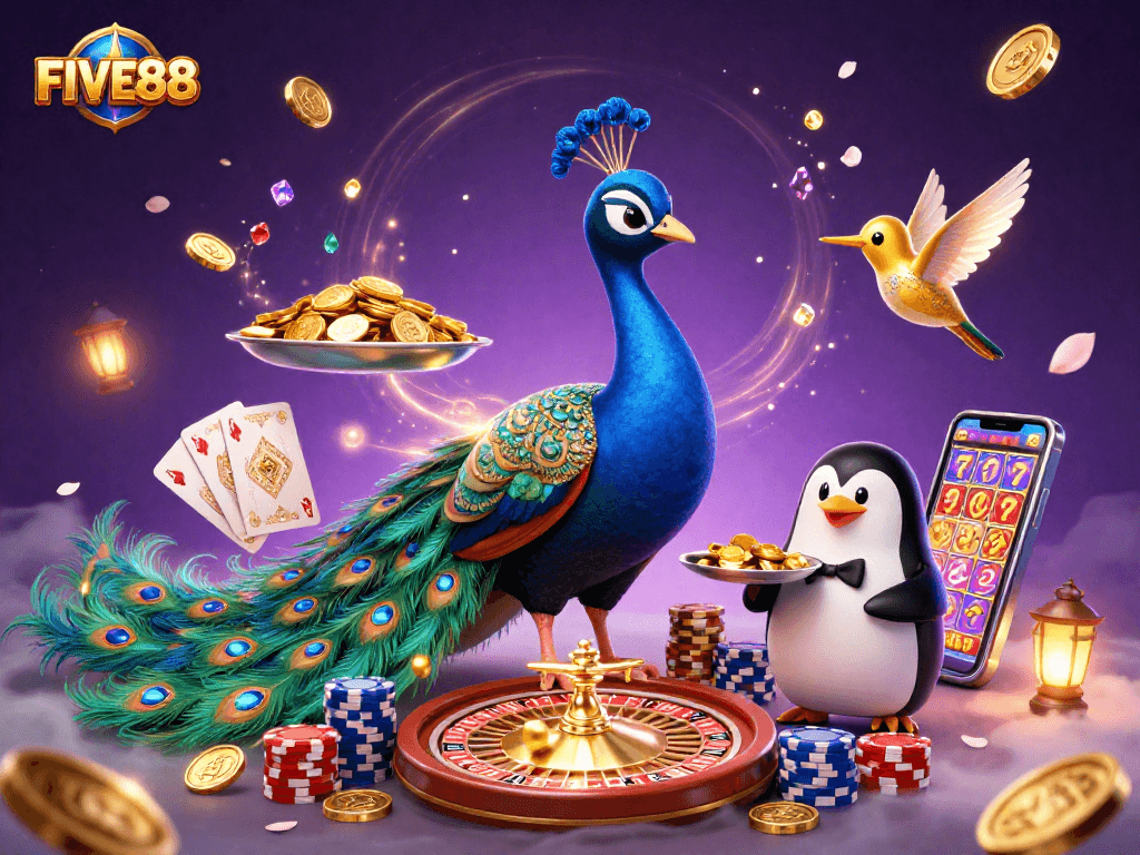 Experience FIVE88’s vibrant casino world with a dazzling peacock, charming penguin, and hummingbird surrounded by gaming treasures.