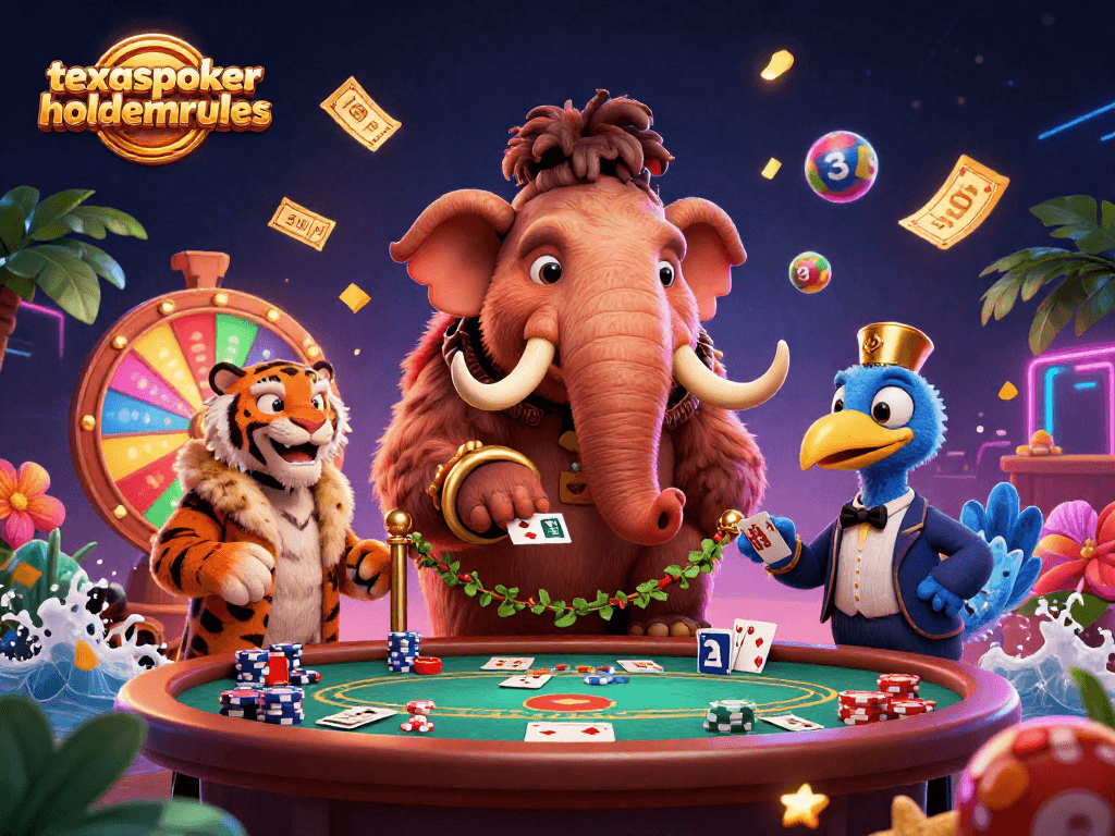 Immersive scene showcasing texaspokerholdemrules with a woolly mammoth bouncer and poker elements.