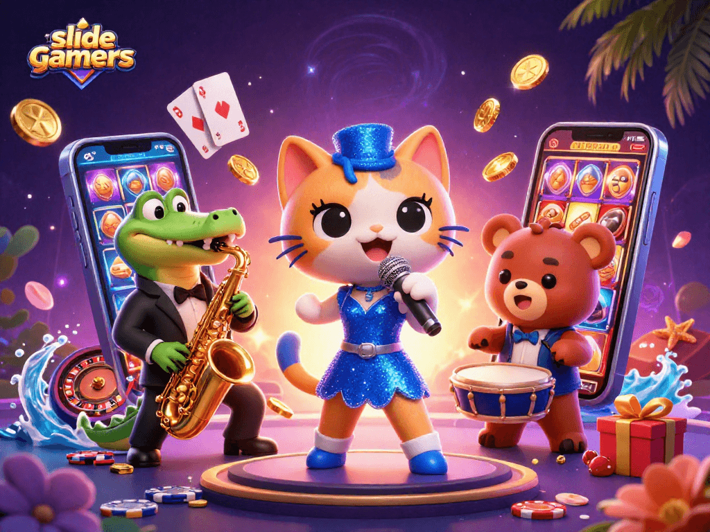 Enjoy thrilling gaming with slidegamers as the jazz-singer cat and friends entertain on stage!