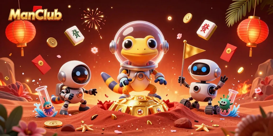 ManClub players discover a golden casino in space while celebrating with lucky symbols and vibrant decorations