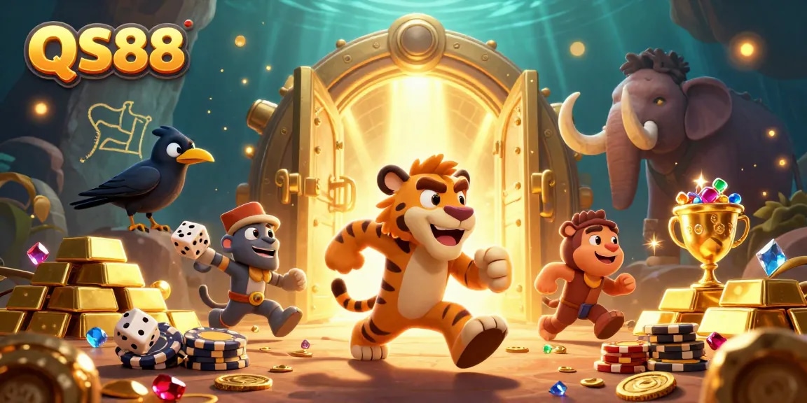 Engage in the vibrant QS88 casino experience with treasures, game elements, and dynamic characters.