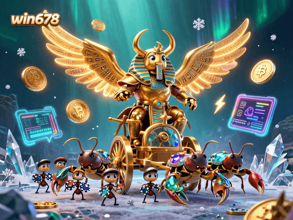 Win678 players enjoy thrilling adventures amid golden beetles and glowing coins.