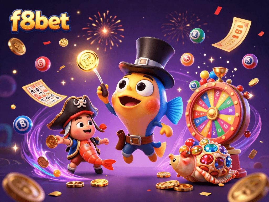 Win big with f8bet in this vibrant, dynamic casino-themed scene featuring exciting lottery elements.