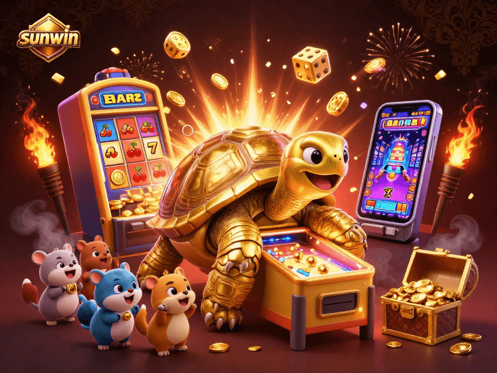 Experience the excitement of sunwin with a golden tortoise and slot machine bursting with coins.