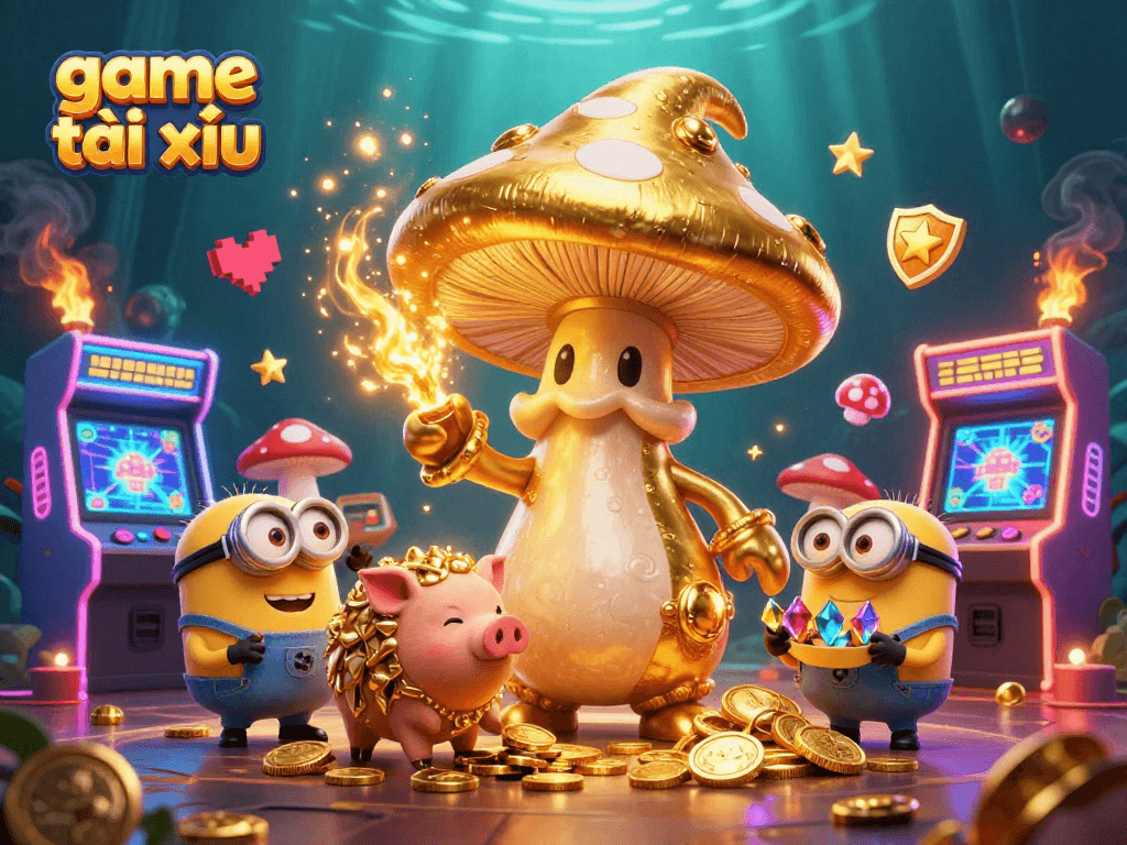 Experience the excitement of game tài xỉu with a dynamic 3D illustration showcasing unique characters and vibrant gaming elements.