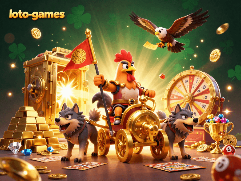 Loto-games showcases a dynamic scene with a rooster warlord, wolves, and lottery elements in a vibrant casino illustration.