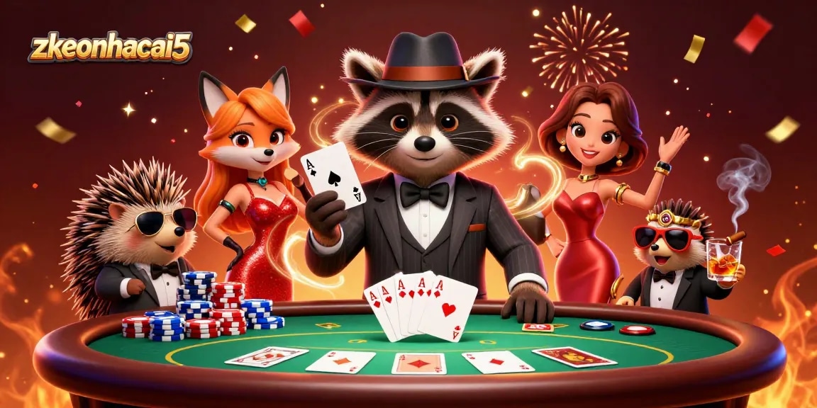 Experience the thrill of zkeonhacai5 as a raccoon, fox, and hedgehog play poker.