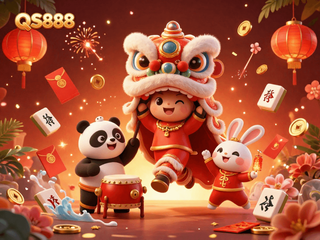 Experience the engaging world of QS888 with vivid characters in an immersive casino setting filled with festive elements.