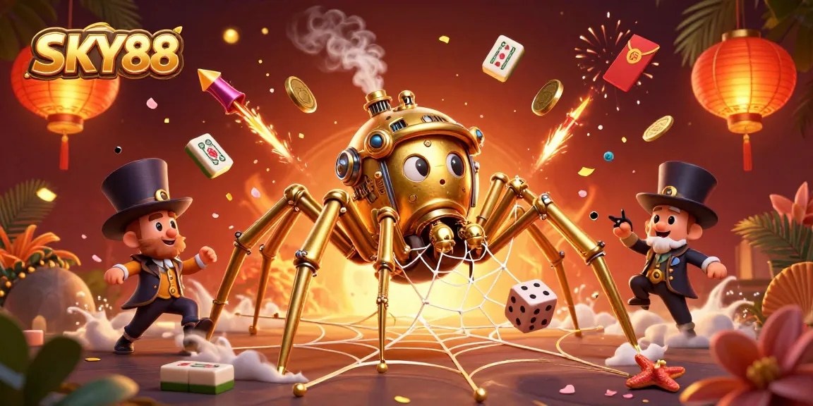 Experience thrilling gaming with SKY88's steampunk scene, showcasing poker chips and animated elements.