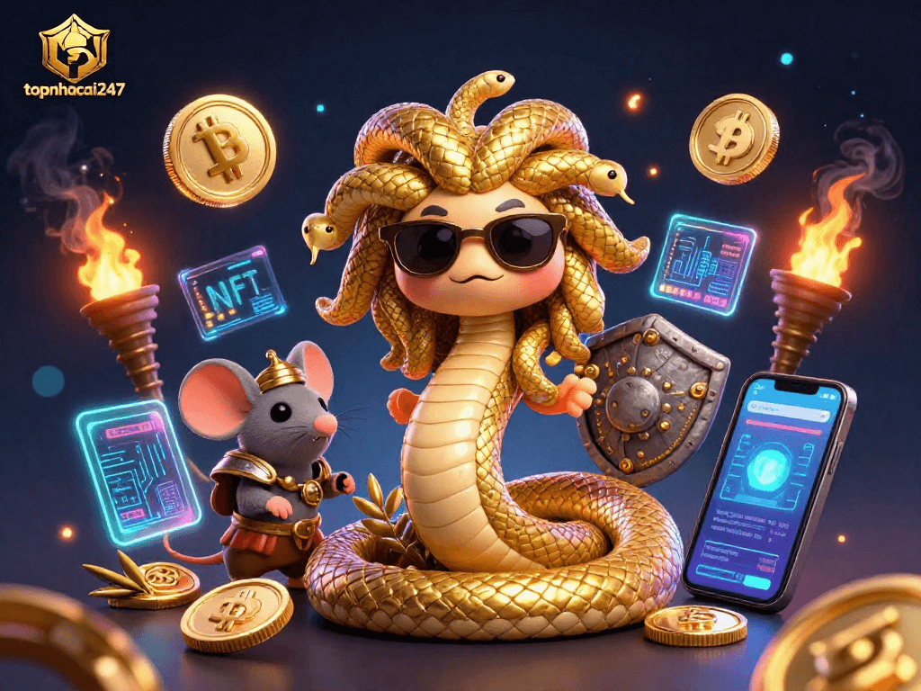 Experience thrilling odds at topnhacai247 with gold coins and exciting crypto elements in a vibrant casino scene.