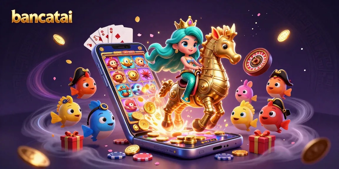Bancatai players spinning winning reels with a vibrant 3D casino scene featuring mermaid princess and seahorse.