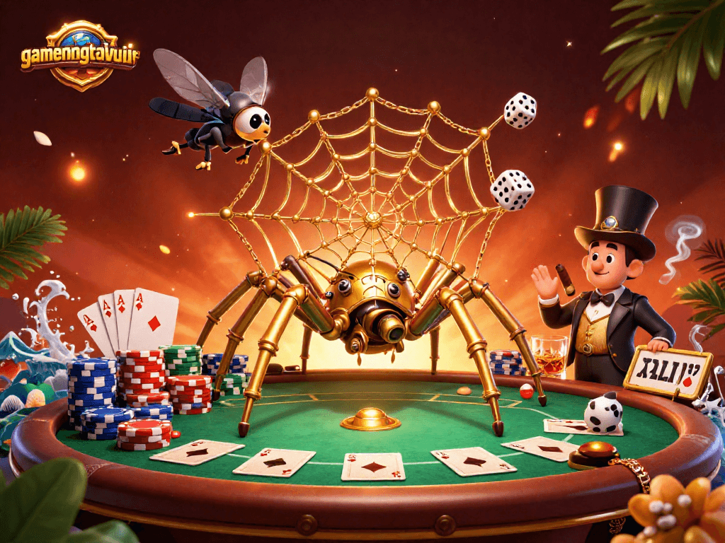 Experience thrilling gameplay at gamenongtraivuive as the golden spider catches dice amidst vibrant casino elements.