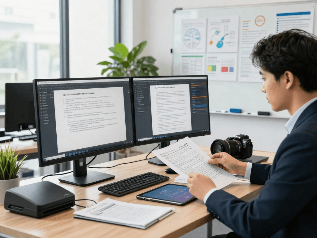Analyzing document fraud detection technology in a modern office environment with advanced tools and data analysis.