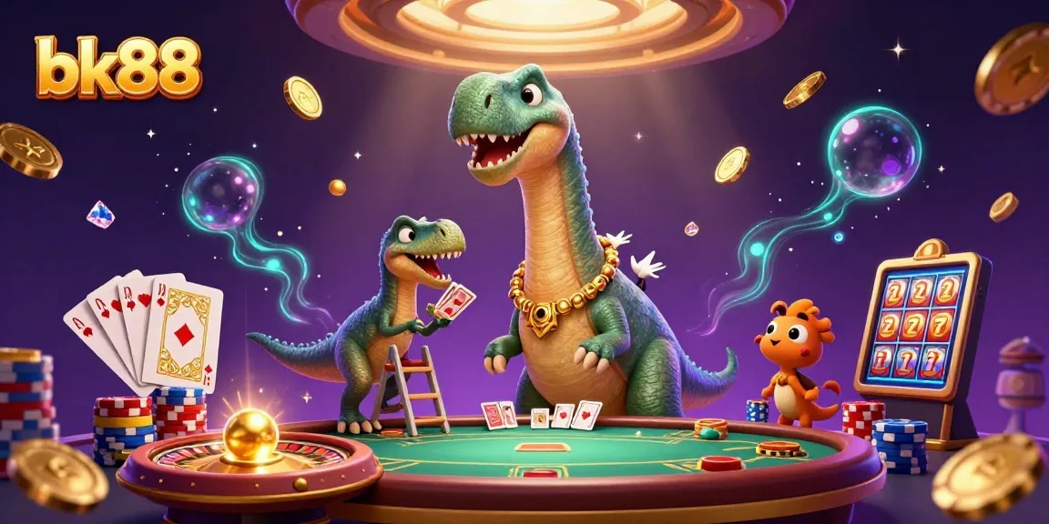 Win big with bk88 illustrated by a dinosaur dealing cards in a packed casino scene.