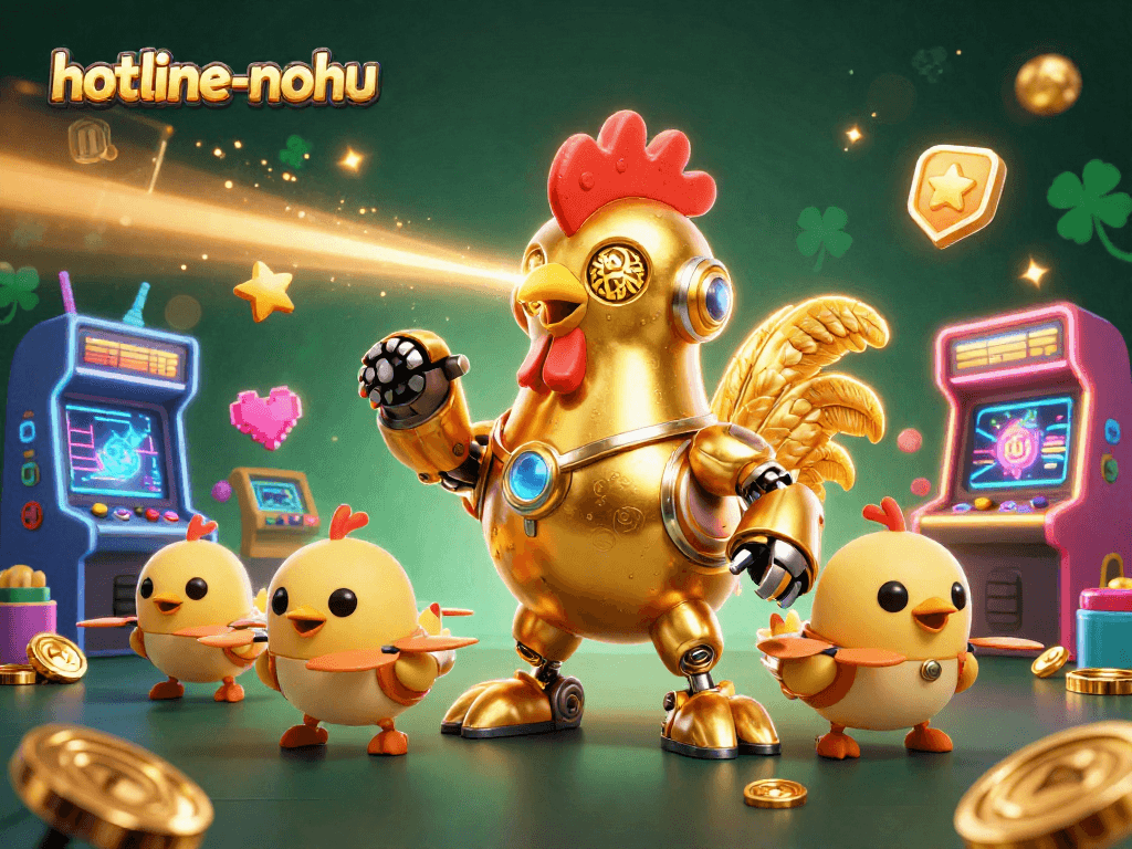 Witness the hotline-nohu golden rooster robot shooting laser beams amidst glowing casino arcade elements.