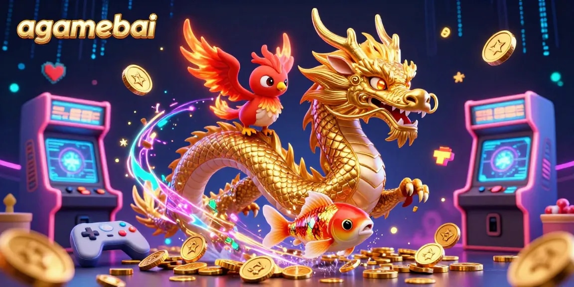 Experience thrilling action with agamebai, featuring a dynamic scene with a golden dragon, phoenix, and koi fish.