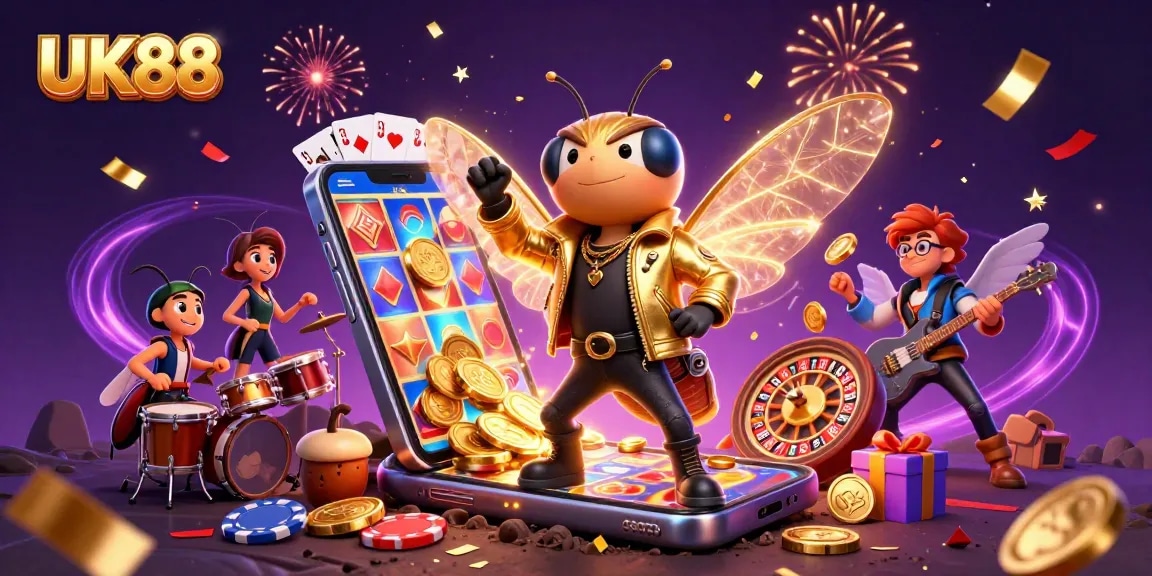 Experience the excitement of UK88 with vibrant casino illustrations featuring a cartoon rock star and dynamic game elements.