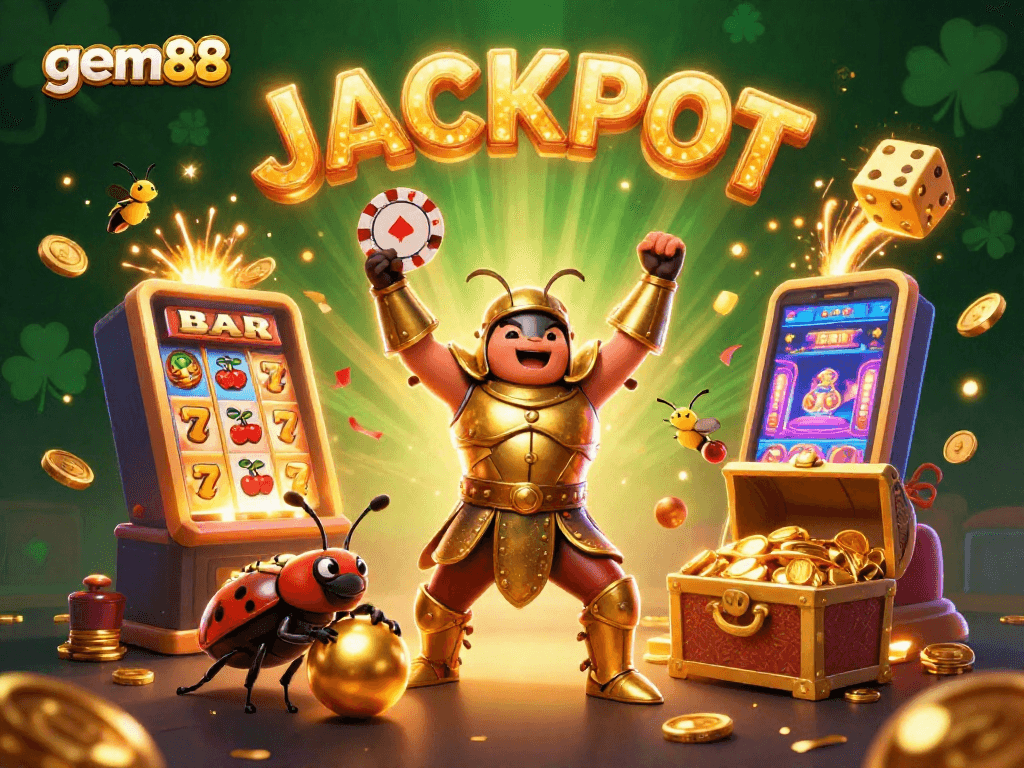 Experience excitement at gem88 with a vibrant illustration showcasing a jackpot celebration in the casino world.