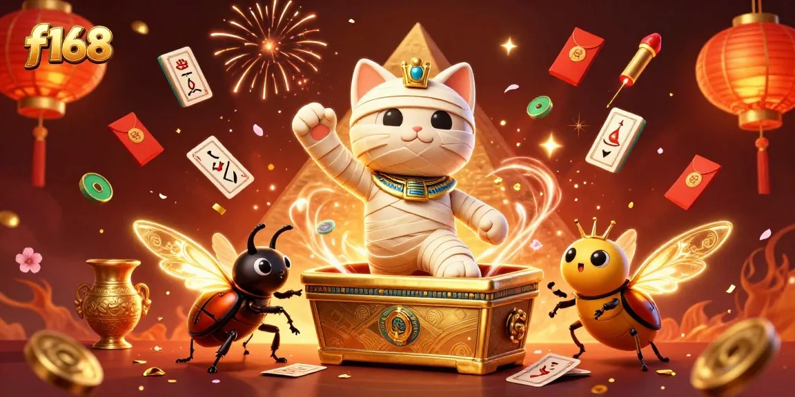 Experience thrilling wins at f168 with a mummy cat and vibrant casino elements.