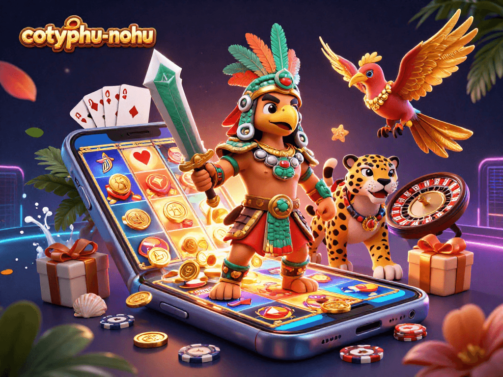 Cotyphu-nohu showcases an Aztec-themed online casino scene with vibrant characters and exciting game elements.